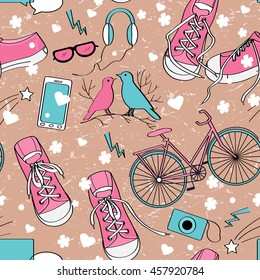 Cute teenager girls pattern with sneakers, birds couple, bike, camera, mobile telephone, pants, headphones, hearts, and flowers. Love, sport, dreams, taking photos, and other girl interests