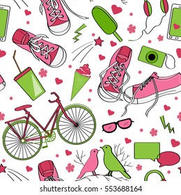 Cute teenager pattern with sneakers, birds, bike, camera, mobile telephone, headphones, ice-cream and drink. Green and brown palette