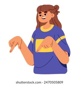 Cute teenager pointing downwards with index fingers. Happy little girl showing down with hand signs, gesturing. Direction of way, path to goal. Flat isolated vector illustration on white background