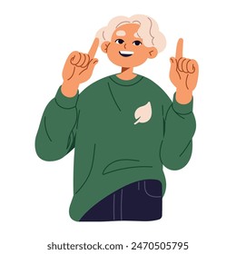 Cute teenager pointing upward with index fingers. Happy boy or girl showing with hands up, gesturing to indicate direction of way, path to goal. Flat isolated vector illustration on white background