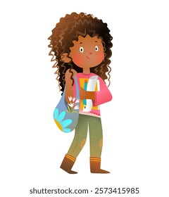 Cute teenager smart girl, African American female student holding books. Teenager schoolgirl with books, education and study character design. Watercolor colored vector clip art cartoon illustration.