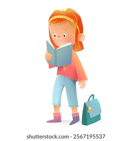 Cute teenager smart girl student reading a book. Teenager nerd, female student with a book, colorful character design. Watercolor colored vector clip art cartoon illustration.