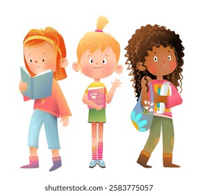 Cute teenager smart girlfriends students holding books. Teenager nerds, female friends schoolgirls with books, colorful character design. Watercolor colored vector clip art cartoon illustration.