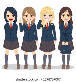 Cute teenager student girls standing together wearing same school uniform