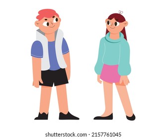 Cute teenagers boy and girl standing, facing each other. Vector illustration of characters in flat style