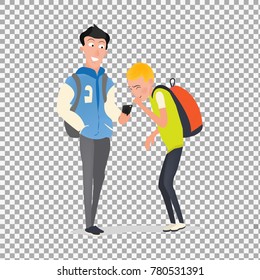 Cute teenagers characters vector banner. Cute school kids studying and make conversations. Cute kids character on transparent background. Modern teenagers. -stock vector