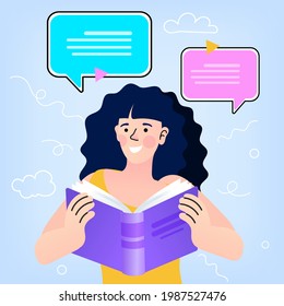 Cute teenagers holding a book. girl reading book and bubble speech. creative student. Reading and learning. woman thinking something. study or education flat vector illustration