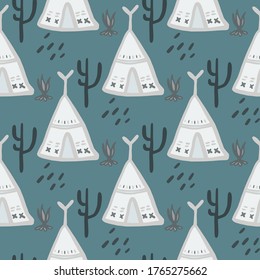 Cute teepee seamless pattern on green background. Native style. Tribal wallpaper. Decorative backdrop for fabric design, textile print, wrapping, cover. Vector illustration