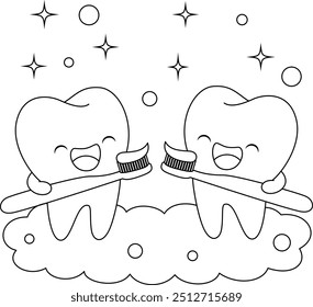 Cute teeth cartoon and toothbrush outine coloring page. 