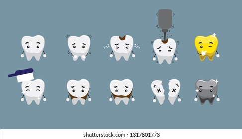 Cute Teeth Cartoon Various Poses Action Vector Illustration