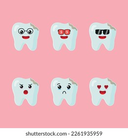 cute teeth cavity and tooth character with various face expression