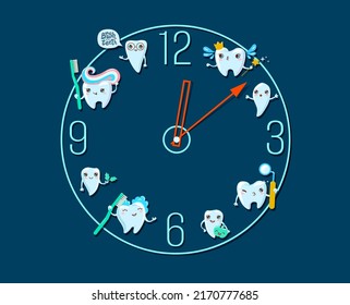 Cute teeth character mascot with a clock on a blue background.