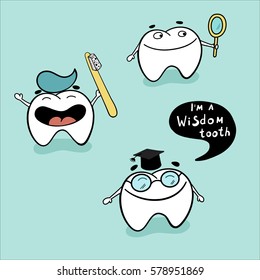 Cute teeth character set with different emotions. Happy healthy cartoon wisdom tooth and teeth with toothbrush and mirror.