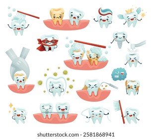 Cute Teeth Character with Smiling Face Big Vector Set