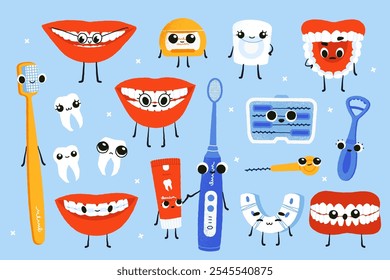 Personajes lindos de los dientes. Dientes de dibujos animados con pasta de dientes de cepillo dental hilo dental enjuague bucal con emociones divertidas, higiene oral y concepto de cuidado de la salud. Conjunto de Vector.
