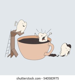 Cute Teeth Characters jump into coffee cup