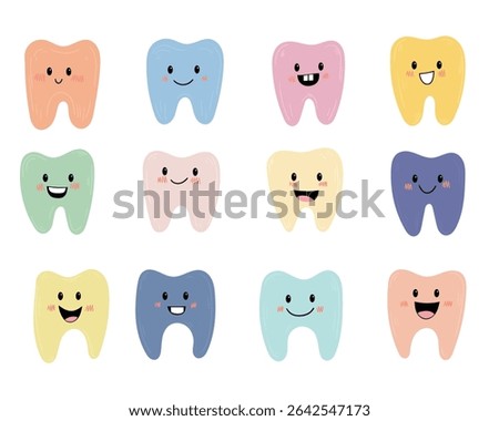 Cute teeth characters smiling. Colorful illustration of dental health.