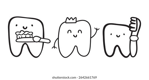 Cute teeth characters with toothbrushes. Outline design. Vector illustrations on white background.