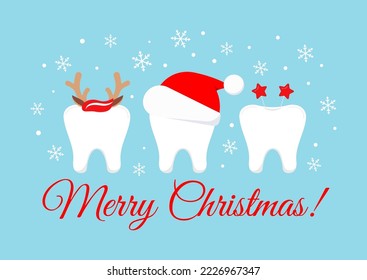 Cute teeth with christmas costume on dentist greeting card.  White winter tooth in santa hat, deer horns and with star Merry Christmas photo props. Flat design cartoon style xmas vector illustration.