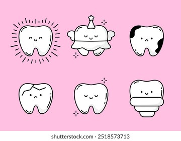 Linda colección de dientes. Conjunto de personajes dentales divertidos. Odontología infantil. Concepto de limpieza dental, cuidado oral, cuidado dental. Implante, Ratoncito Pérez, Diente sano, Diente con caries, con grieta