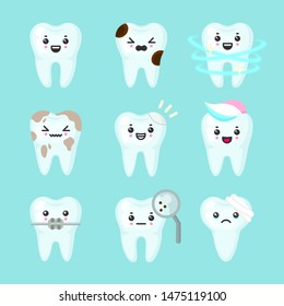 Cute teeth colorful set with different emotions. Different tooth conditions. Healthy and bad teeth. Cartoon vector tooth isolated illustration.