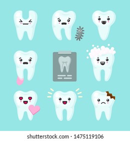 Cute teeth colorful set with different emotions. Different tooth conditions. Healthy and bad teeth. Cartoon vector tooth isolated illustration.