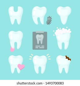 Cute teeth colorful set with different tooth conditions. Healthy and bad teeth. Cartoon vector tooth isolated illustration.