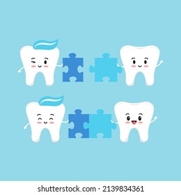 Cute teeth connect puzzle piece. Flat design cartoon style strong smiling molar character vector illustration. Happy tooth holds puzzle part. Children teeth hygiene and education concept.