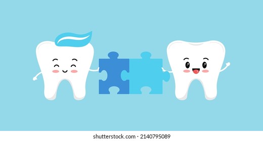 Cute teeth with connected puzzle piece. Flat design cartoon kawaii style smiling molar character vector illustration. Happy tooth holds puzzle part. Kids teeth education or challenge concept.