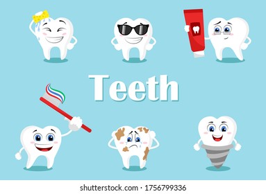 Cute teeth with different emotions set for label design.  Healthy white teeth and tooth with dental plaque socializing. Dentistry and dental whitening care clipart.