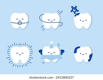 Niedliche Zähne mit verschiedenen Emotionen gesetzt. Vektorillustration des zahnärztlichen Charakters. Zahnärztliches Konzept für Ihr Design. Illustration für Kinderzahnheilkunde. Mundhygiene, Zahnreinigung. Aufkleber für Zähne