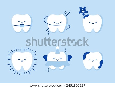 Cute teeth with different emotions set. Dental character vector illustration. Dentistry concept for your design. Illustration for pediatric dentistry. Oral hygiene, teeth cleaning. Sticker for teeth
