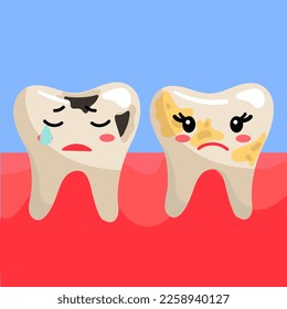 Cute teeth with emoticons, after eating. Dirty and with caries, dissatisfied, sad teeth with emotions. A girl and a boy and an inscription. Teeth in a flat style on a blue background of gums
