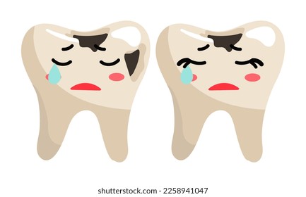 Cute teeth with emoticons, after eating. Teeth with caries cry from pain, teeth with emotions. A girl and a boy and an inscription. Teeth in a flat style on a white background