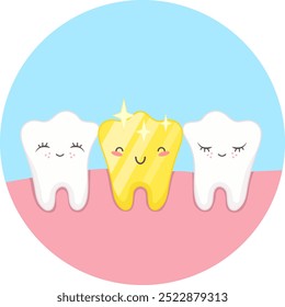 Dentes bonitos com faces kawaii, dente dourado. Ilustração vetorial do conceito de dentes não saudáveis.