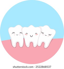 Cute teeth with kawaii faces growing in a bunch. Vector illustration of unhealthy tooth concept. Crooked teeth.