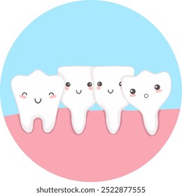 Cute teeth with kawaii faces, teeth growing crooked. Vector illustration of unhealthy teeth concept.