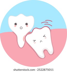 Cute teeth with kawaii faces, tooth growing sideways. Vector illustration of unhealthy teeth concept.