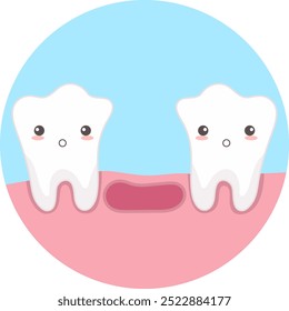 Cute teeth with kawaii faces, tooth fell out. Vector illustration of unhealthy teeth concept.