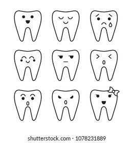 Cute teeth line icons set. Dental care concept. Funny emotions