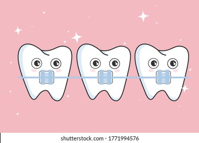 Cute  teeth with metal braces. Orthodontic treatment. Dental vector Illustration for kids.Teeth orthodontist treatment to dentistry healthcare