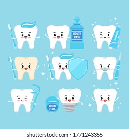 Cute teeth with oral hygiene products icons set isolated on white background. Tooth with braces, implant, crown, plaque and mouth wash, dental floss, toothbrush, toothpaste vector flat illustration.