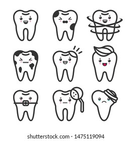 Cute teeth outline set with different emotions. Different tooth conditions. Healthy and bad teeth. Flat vector tooth isolated illustration.