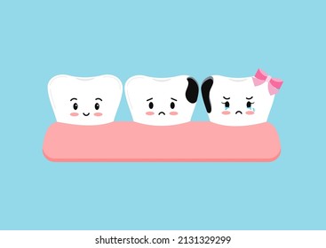 Cute teeth with proximal decay in gym dental character icon isolated on blue background. Both tooth with interdental caries hole treatment concept. Flat cartoon dentistry clip art vector illustration