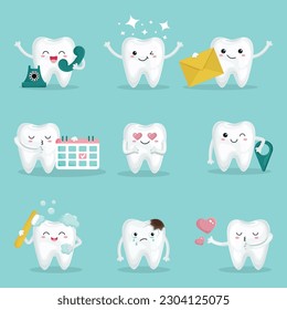 Dientes cortos con diferentes emociones y acciones. Llámenos, línea directa, correo electrónico, cita, ubicación, caries Kawaii caricaturas estilo personajes , bueno para sitio web, diseño web, diseño de etiquetas, stickers.