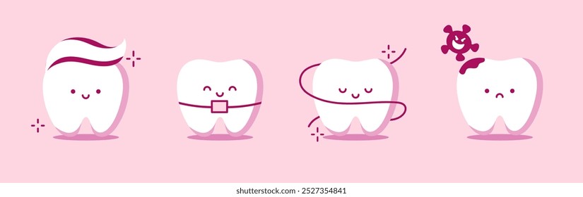 Dentes lindos definidos com emoções diferentes. Condições dentárias diferentes. Dentes saudáveis e ruins. Dente com penteado de pasta de dente, aparelho ortodôntico, fio dental e dente com cáries e bactérias. Ilustração vetorial