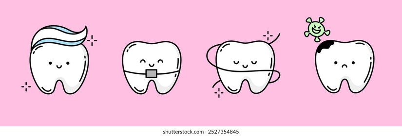 Cute teeth set with different emotions. Different tooth conditions. Tooth with toothpaste hairstyle, Braces, Dental floss and Tooth with caries and bacteria. Vector Outline illustration