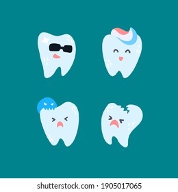 Cute teeth set. Hand drawn cartoon characters with different emotions. Vector illustration in flat trendy style isolated on turquoise background.