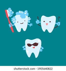 Cute teeth set. Hand drawn cartoon characters with different emotions. Vector illustration in flat trendy style isolated on turquoise background.