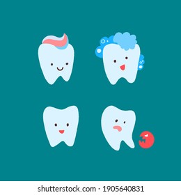 Cute teeth set. Hand drawn cartoon characters with different emotions. Vector illustration in flat trendy style isolated on turquoise background.